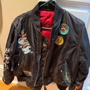 Ed Hardy Black Bomber Jacket with Colorful Patches